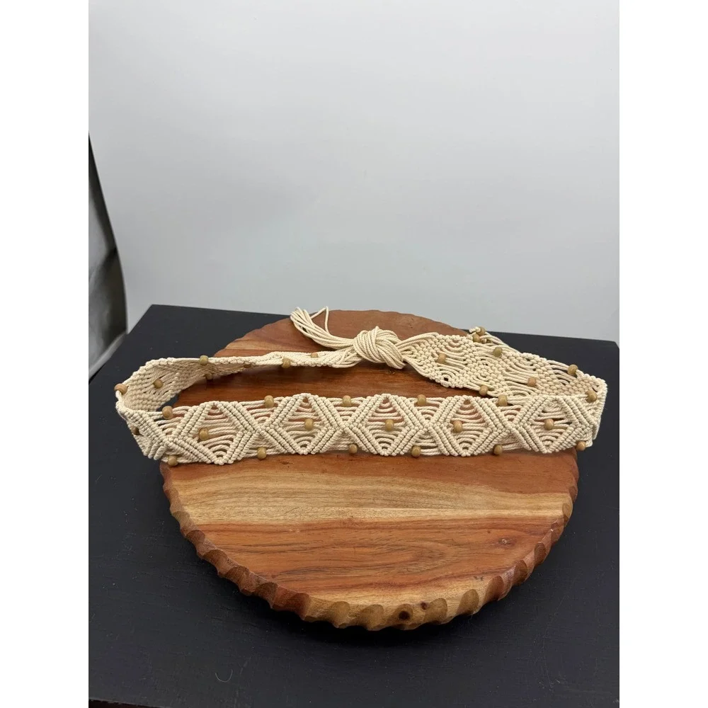 Unbranded Macrame Tie Waist Belt Womens OS Cream Wooden Bead Boho Fringe